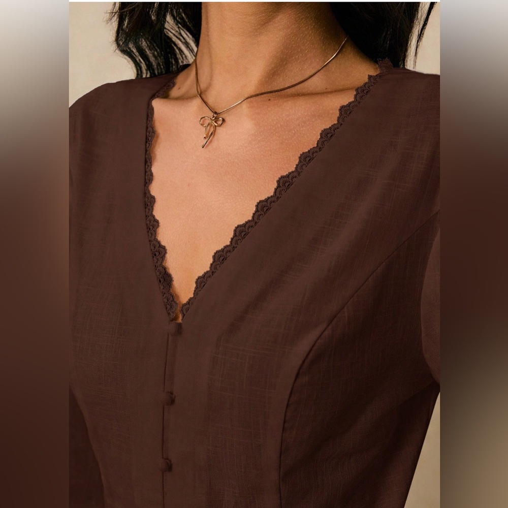 Boho Cotton Lace Cap Sleeve Single Button Blouse Brown - Picture 3 of 8